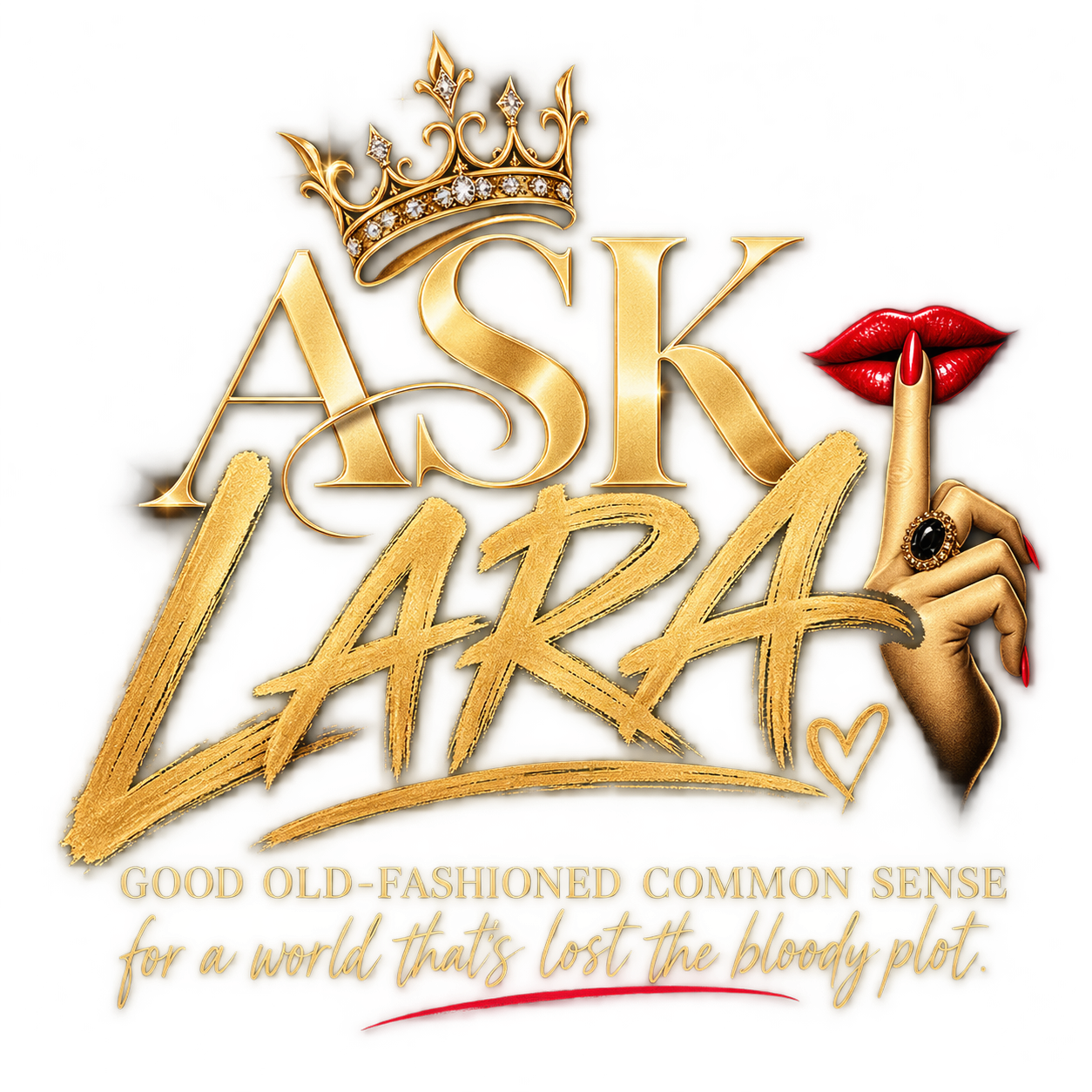 ASK LARA gold crown and red lips branding