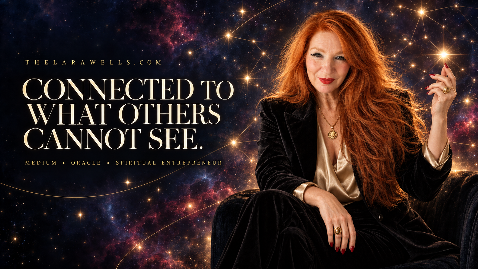 Lara Wells surrounded by a celestial field of connected golden stars